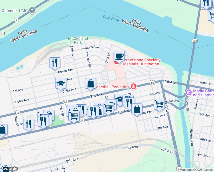 map of restaurants, bars, coffee shops, grocery stores, and more near 212 28th Street in Huntington