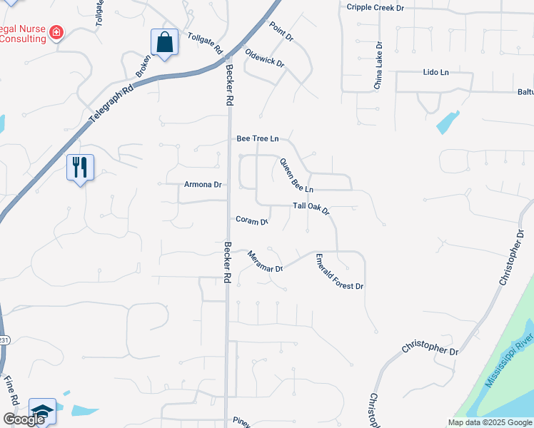 map of restaurants, bars, coffee shops, grocery stores, and more near 7107 Coram Drive in St. Louis