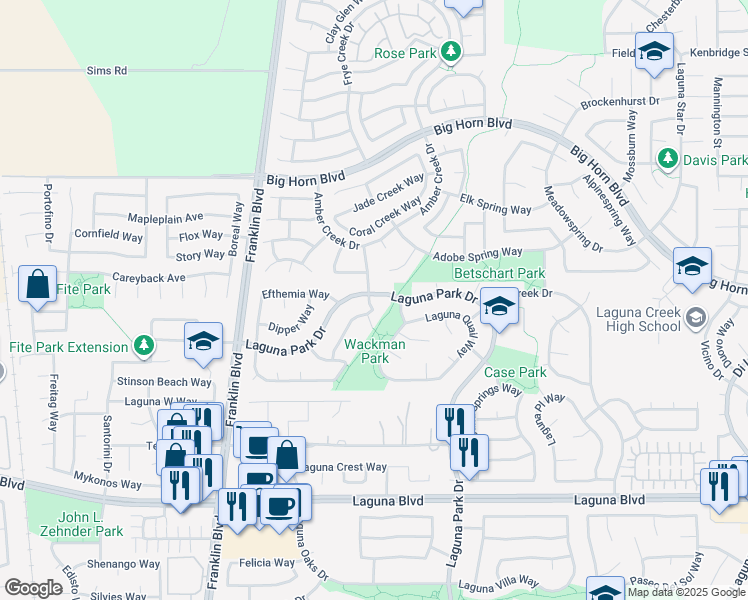 map of restaurants, bars, coffee shops, grocery stores, and more near 5200 Laguna Park Drive in Elk Grove