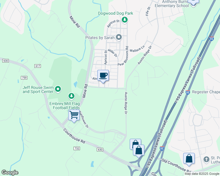 map of restaurants, bars, coffee shops, grocery stores, and more near 221 Shields Road in Stafford
