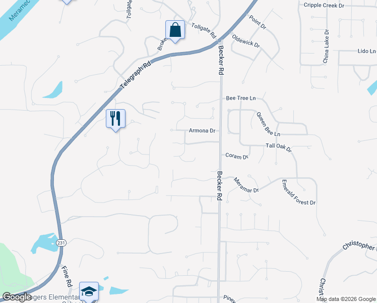 map of restaurants, bars, coffee shops, grocery stores, and more near 7122 Caprock Drive in St. Louis