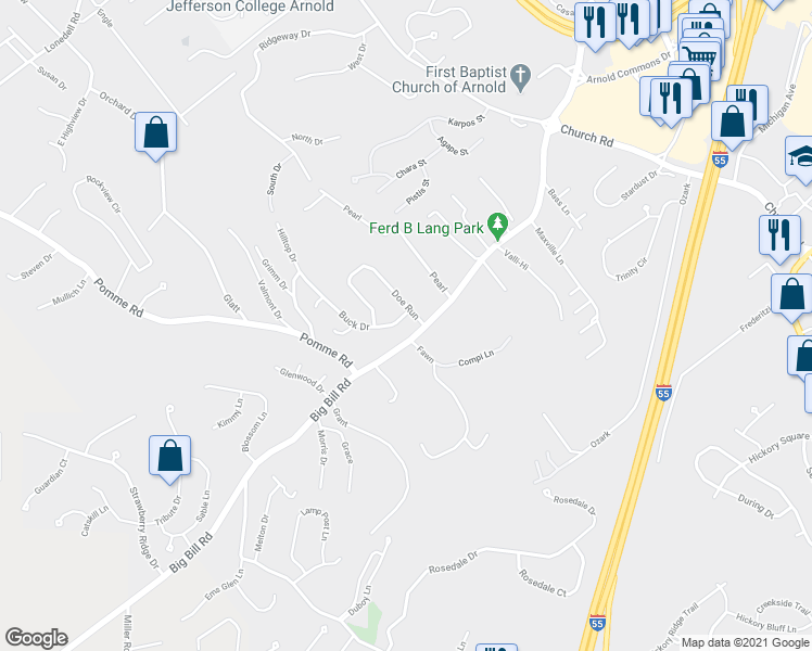 map of restaurants, bars, coffee shops, grocery stores, and more near 2004 Buck Drive in Arnold
