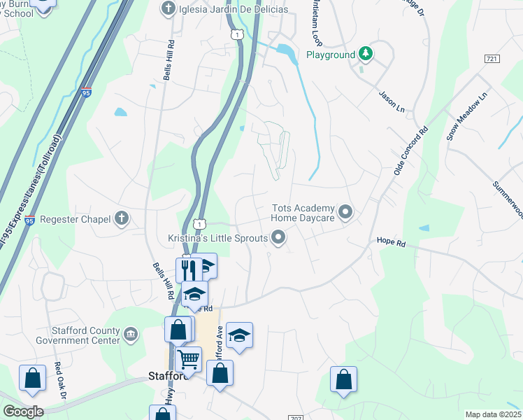 map of restaurants, bars, coffee shops, grocery stores, and more near 4 Piedmont Drive in Stafford