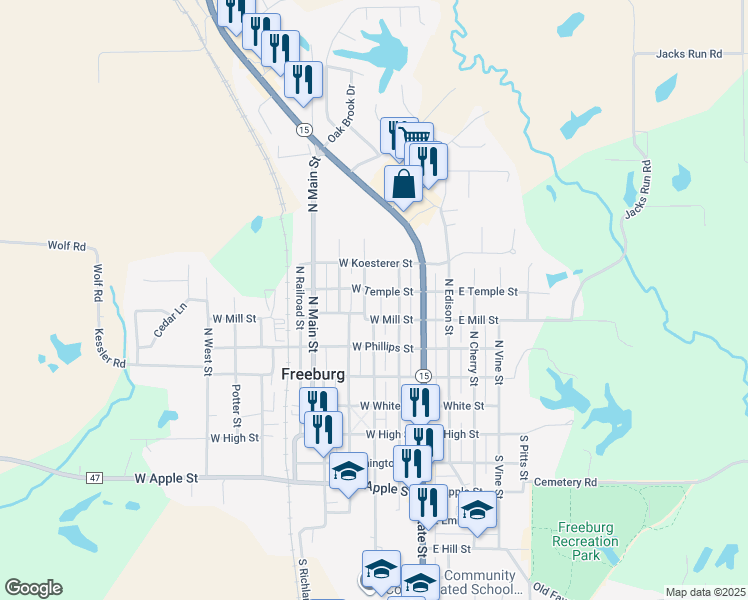 map of restaurants, bars, coffee shops, grocery stores, and more near 310 North Monroe Street in Freeburg