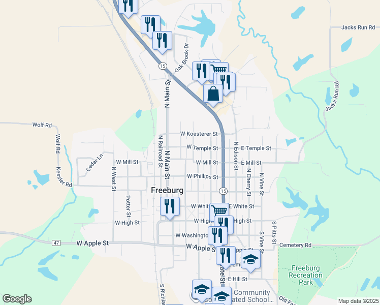 map of restaurants, bars, coffee shops, grocery stores, and more near 310 North Monroe Street in Freeburg