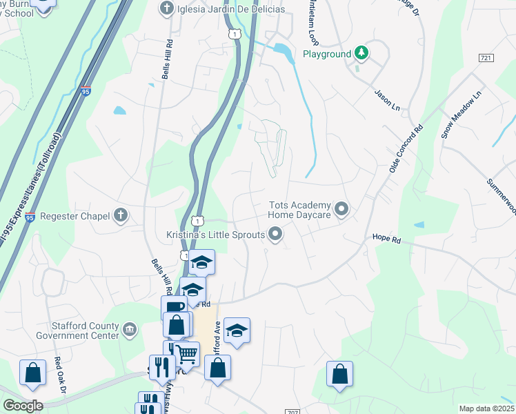 map of restaurants, bars, coffee shops, grocery stores, and more near 4 Piedmont Drive in Stafford