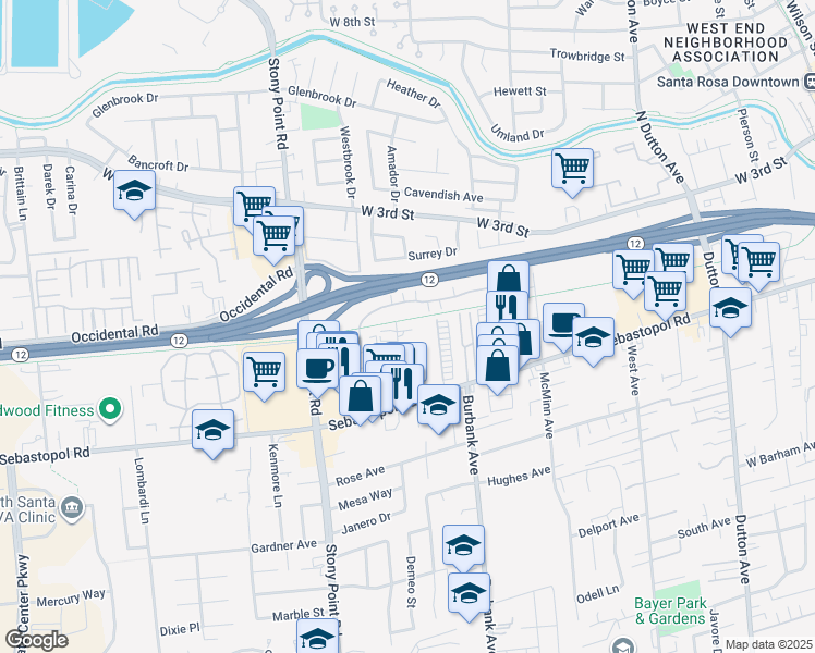 map of restaurants, bars, coffee shops, grocery stores, and more near 1599 Hampton Way in Santa Rosa