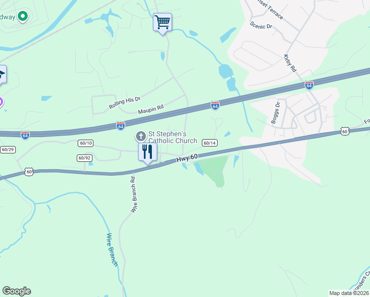 map of restaurants, bars, coffee shops, grocery stores, and more near County Road 60/14 in Milton