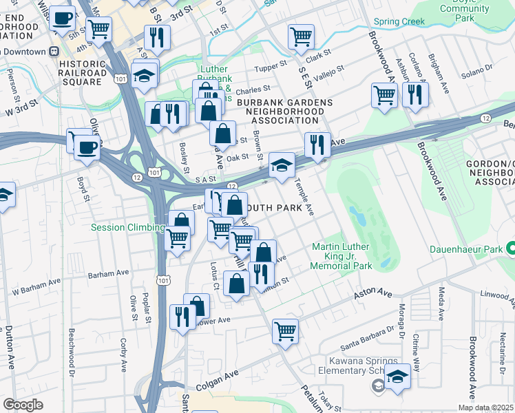 map of restaurants, bars, coffee shops, grocery stores, and more near 929 Grand Avenue in Santa Rosa