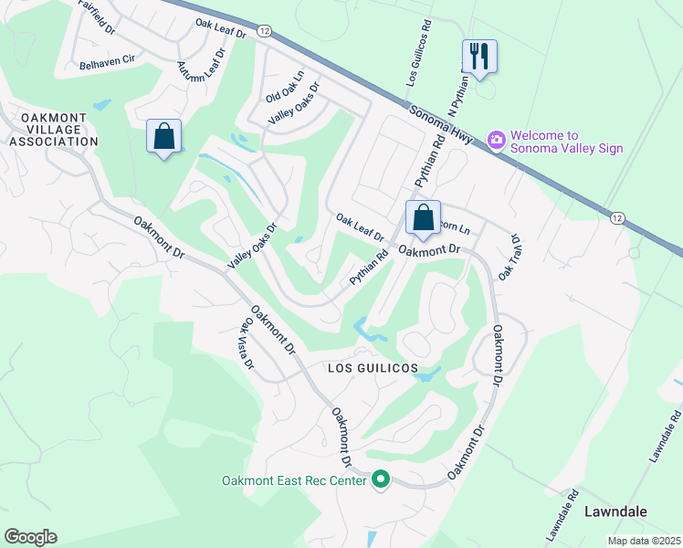 map of restaurants, bars, coffee shops, grocery stores, and more near 351 Golf Court in Santa Rosa