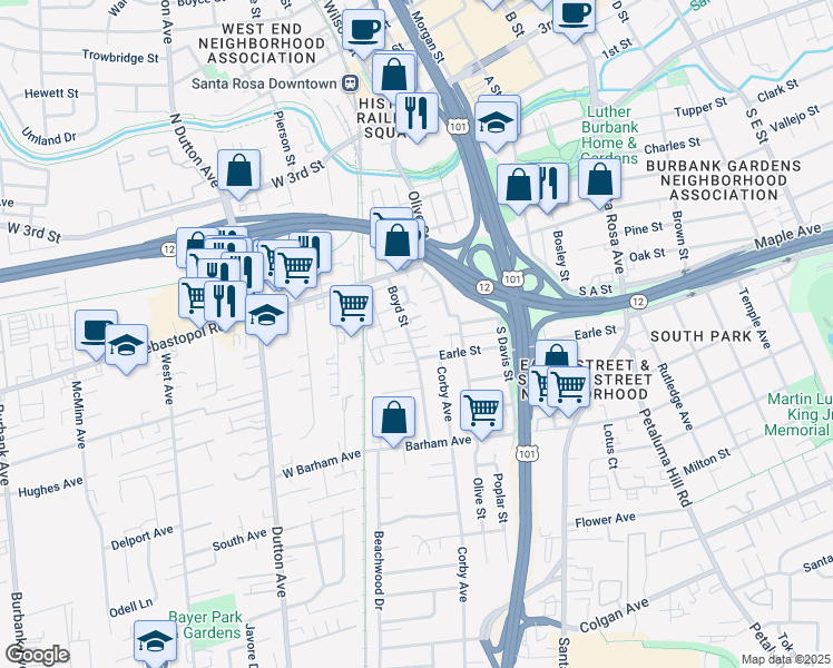 map of restaurants, bars, coffee shops, grocery stores, and more near 568 Boyd St in Santa Rosa