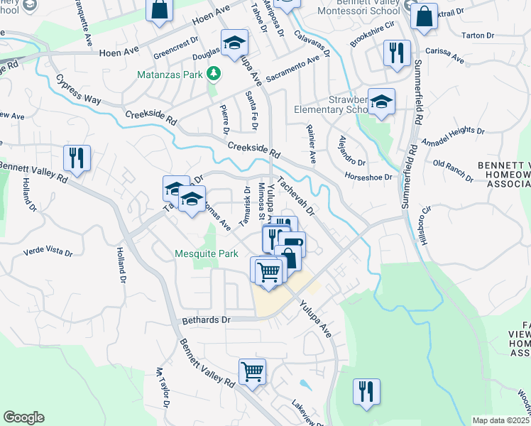 map of restaurants, bars, coffee shops, grocery stores, and more near 2520 Mimosa Street in Santa Rosa