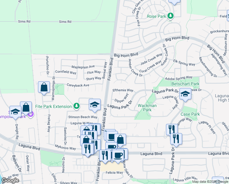 map of restaurants, bars, coffee shops, grocery stores, and more near 5018 Efthemia Way in Elk Grove