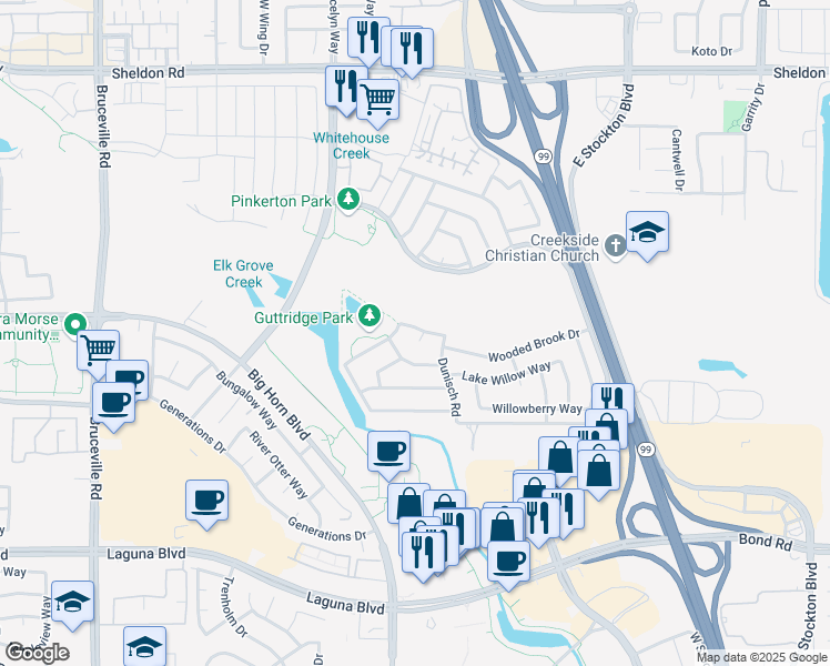 map of restaurants, bars, coffee shops, grocery stores, and more near 9026 Hunters Brook Court in Elk Grove