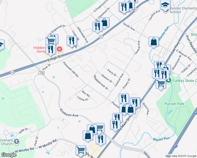 map of restaurants, bars, coffee shops, grocery stores, and more near 92 Middlebrook Street in Harrisonburg
