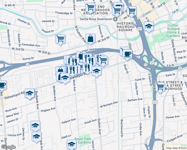map of restaurants, bars, coffee shops, grocery stores, and more near 400 Dutton Avenue in Santa Rosa