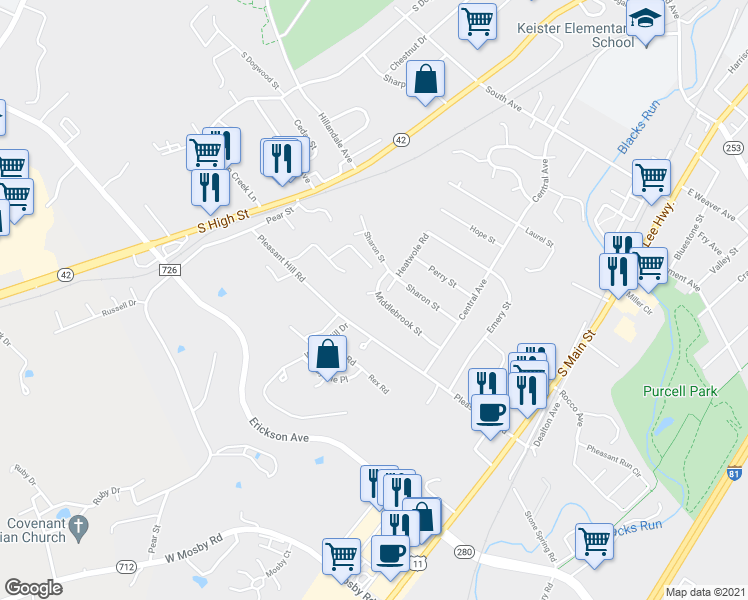 map of restaurants, bars, coffee shops, grocery stores, and more near 103 Middlebrook Street in Harrisonburg