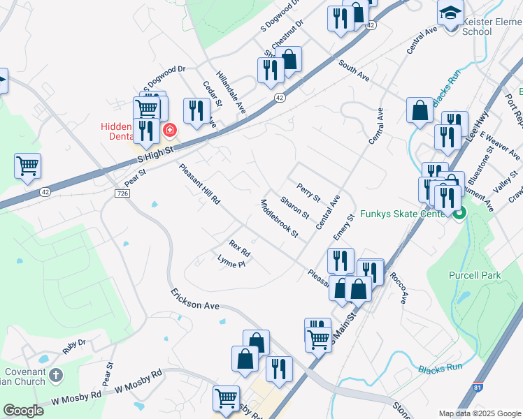 map of restaurants, bars, coffee shops, grocery stores, and more near 103 Middlebrook Street in Harrisonburg