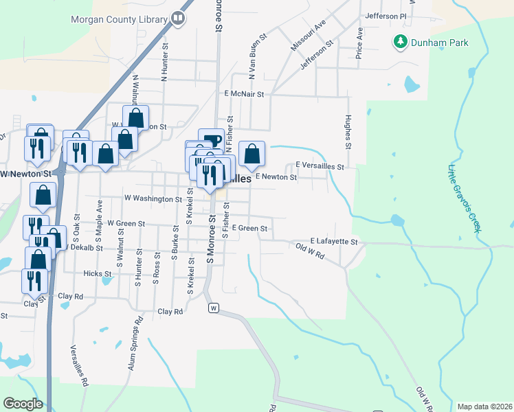 map of restaurants, bars, coffee shops, grocery stores, and more near 200 South Van Buren Street in Versailles