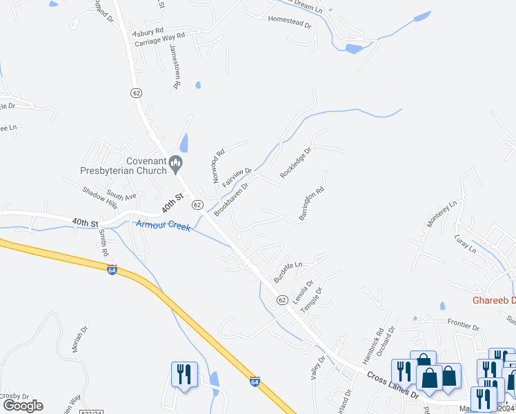 map of restaurants, bars, coffee shops, grocery stores, and more near 9 Brentwood Circle in Nitro