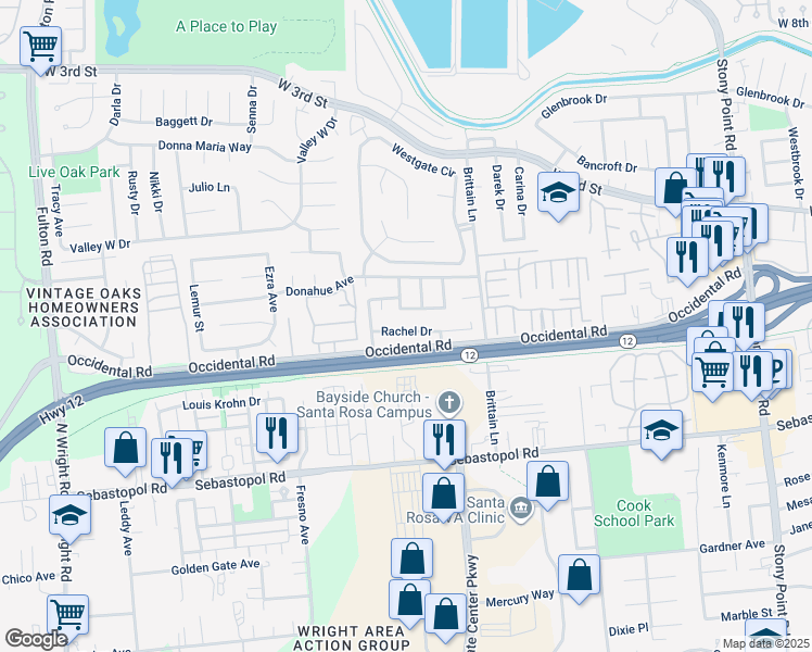 map of restaurants, bars, coffee shops, grocery stores, and more near 2165 Rachel Drive in Santa Rosa