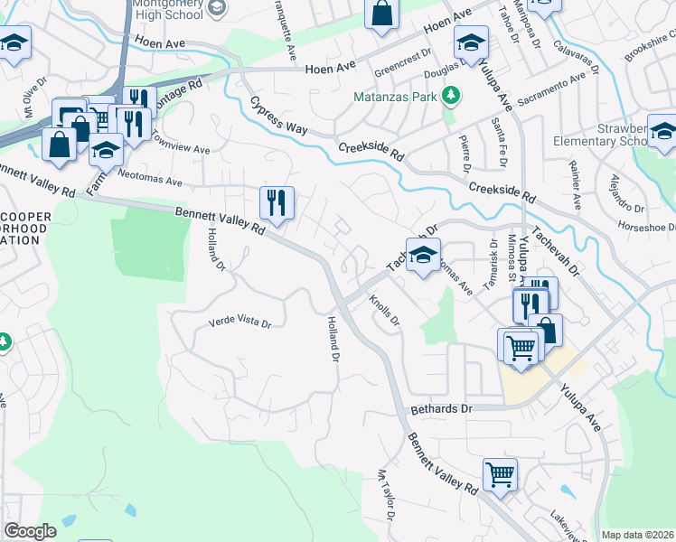 map of restaurants, bars, coffee shops, grocery stores, and more near 2030 Knolls Drive in Santa Rosa