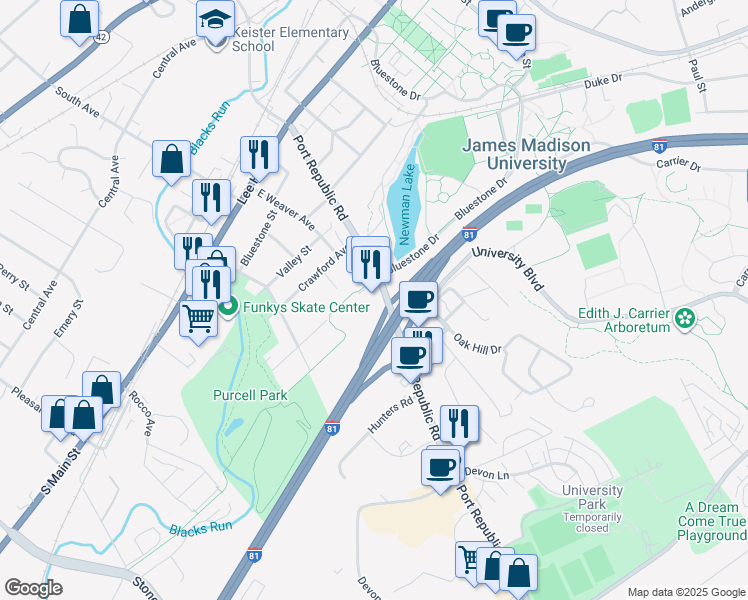 map of restaurants, bars, coffee shops, grocery stores, and more near 309 Port Republic Road in Harrisonburg