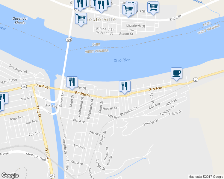 map of restaurants, bars, coffee shops, grocery stores, and more near 429 Water Street in Huntington