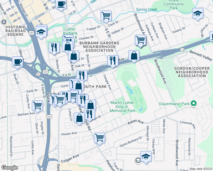 map of restaurants, bars, coffee shops, grocery stores, and more near 1021 Temple Avenue in Santa Rosa