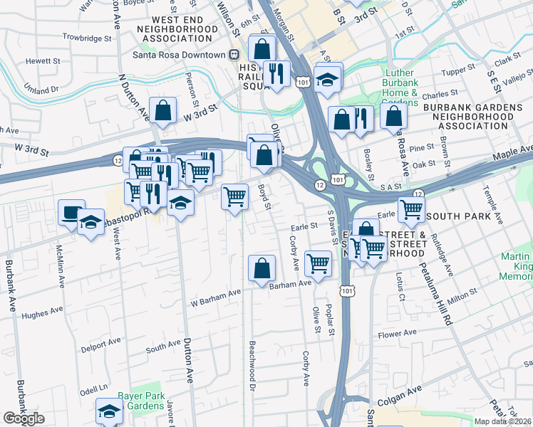 map of restaurants, bars, coffee shops, grocery stores, and more near 568 Boyd Street in Santa Rosa