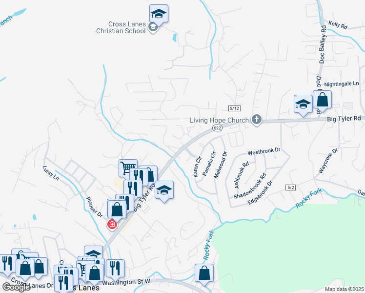map of restaurants, bars, coffee shops, grocery stores, and more near 5408 Big Tyler Road in Cross Lanes