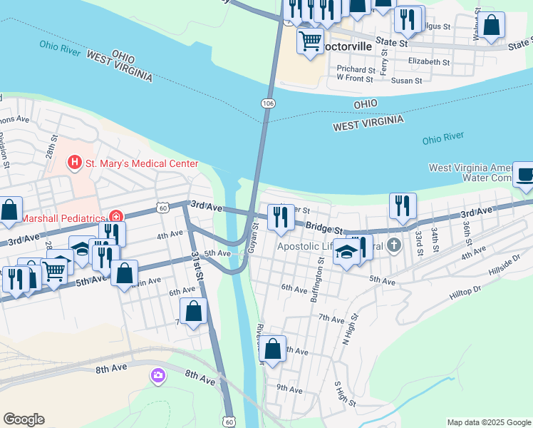 map of restaurants, bars, coffee shops, grocery stores, and more near 128 Bridge Street in Huntington
