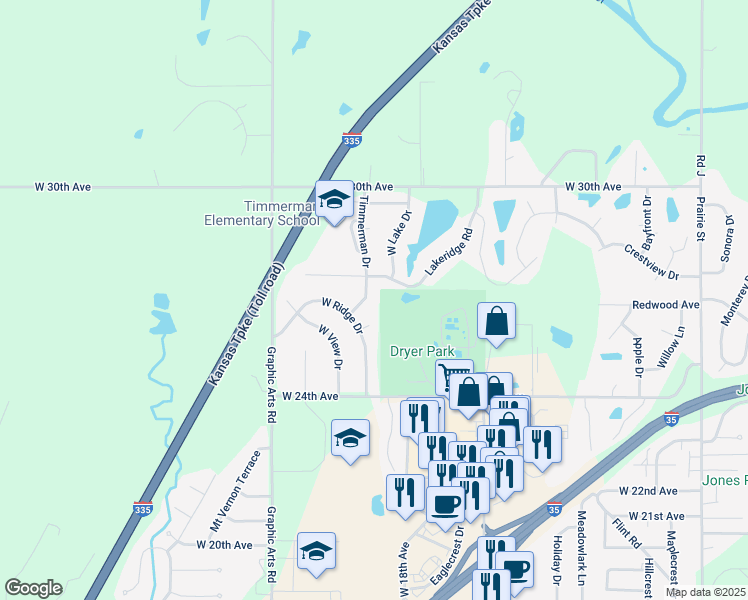 map of restaurants, bars, coffee shops, grocery stores, and more near 2618 West Ridge Court in Emporia