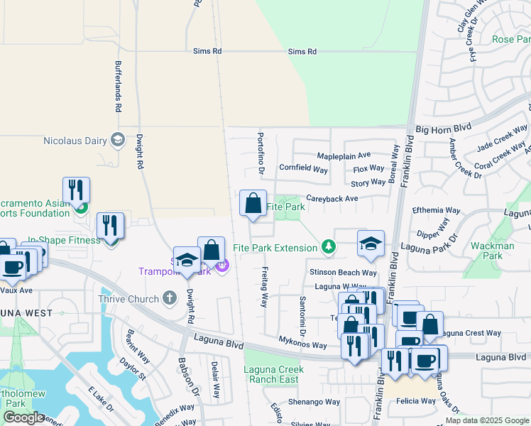 map of restaurants, bars, coffee shops, grocery stores, and more near 9009 Testerman Way in Elk Grove