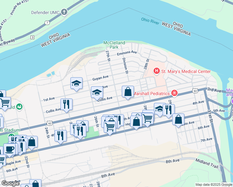 map of restaurants, bars, coffee shops, grocery stores, and more near 198 27th Street in Huntington