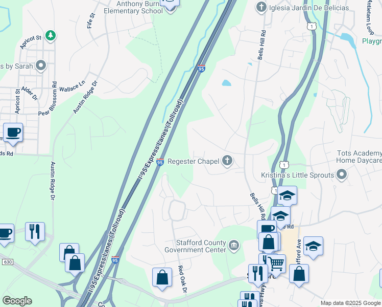 map of restaurants, bars, coffee shops, grocery stores, and more near 103 Crest Court in Stafford