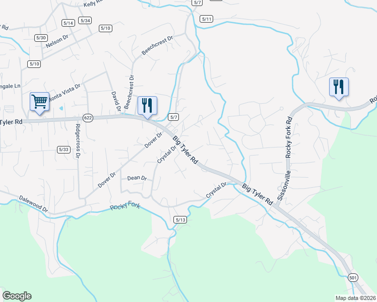 map of restaurants, bars, coffee shops, grocery stores, and more near 5144 Big Tyler Rd in Charleston
