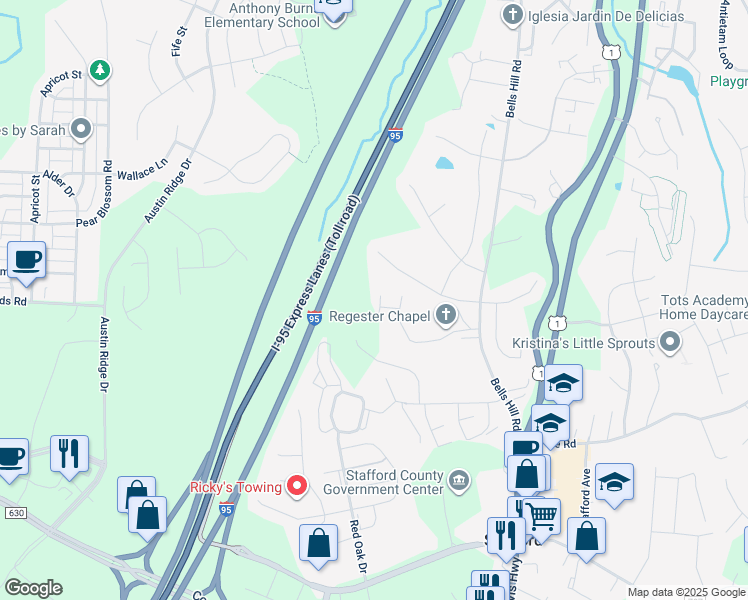 map of restaurants, bars, coffee shops, grocery stores, and more near 103 Crest Court in Stafford