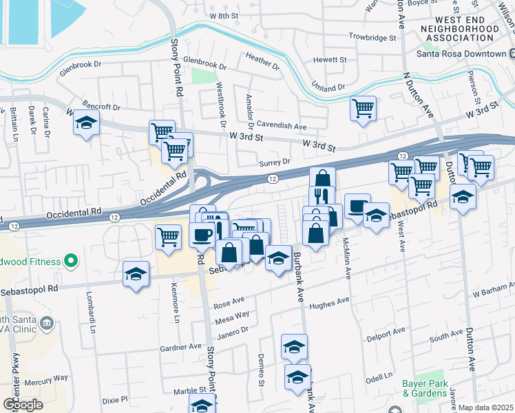 map of restaurants, bars, coffee shops, grocery stores, and more near 1599 Hampton Way in Santa Rosa