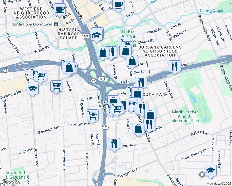 map of restaurants, bars, coffee shops, grocery stores, and more near 419 Earle Street in Santa Rosa
