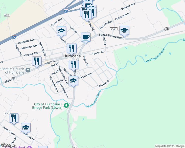 map of restaurants, bars, coffee shops, grocery stores, and more near Valleyview Drive in Hurricane