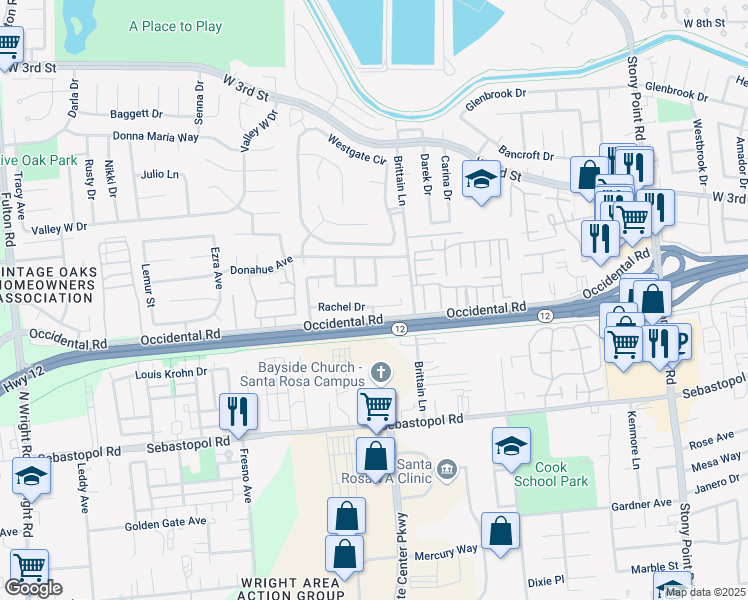 map of restaurants, bars, coffee shops, grocery stores, and more near 2147 Rachel Drive in Santa Rosa