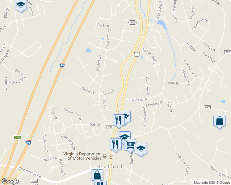 map of restaurants, bars, coffee shops, grocery stores, and more near 22 Aster Lane in Stafford