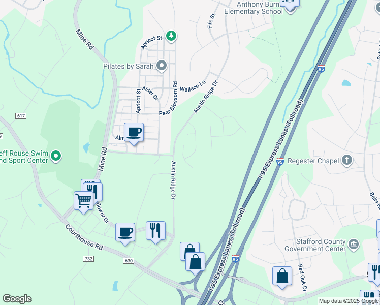 map of restaurants, bars, coffee shops, grocery stores, and more near 28 Century Street in Stafford