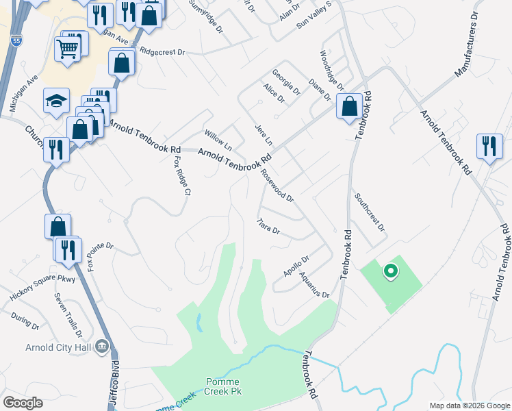 map of restaurants, bars, coffee shops, grocery stores, and more near 2751 Tiara Drive in Arnold