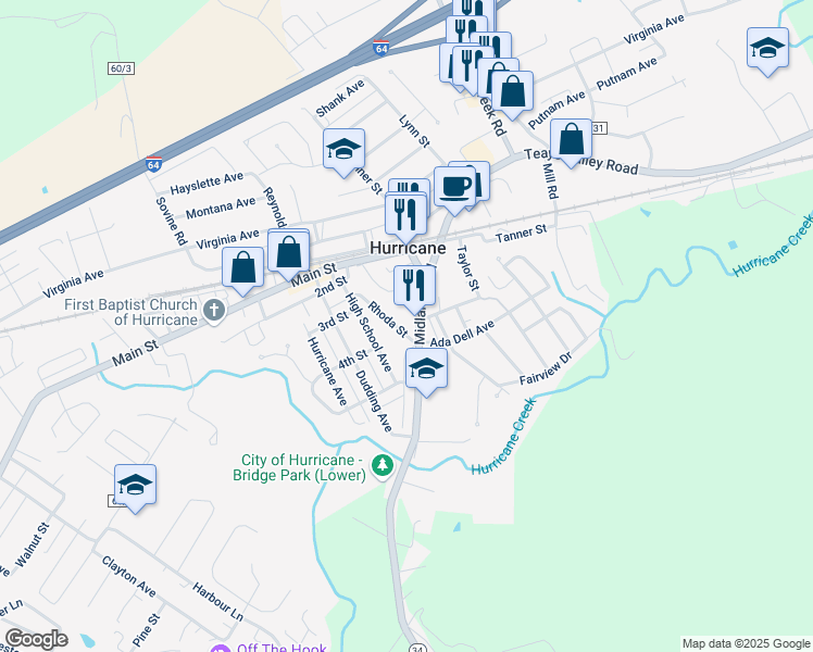 map of restaurants, bars, coffee shops, grocery stores, and more near 458 Midland Trail in Hurricane