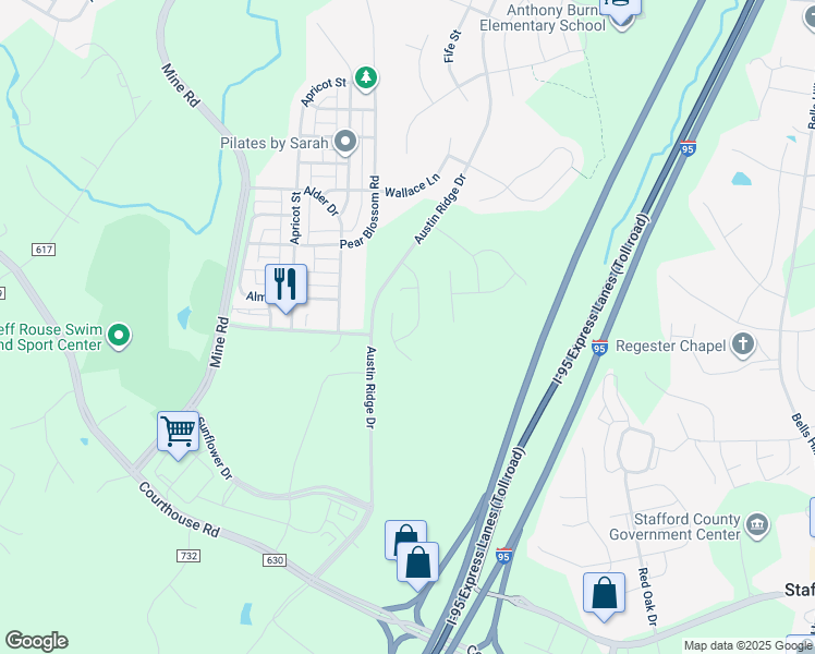 map of restaurants, bars, coffee shops, grocery stores, and more near 28 Century Street in Stafford