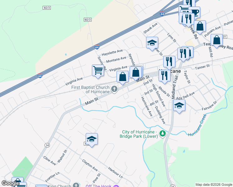 map of restaurants, bars, coffee shops, grocery stores, and more near Church Street in Hurricane