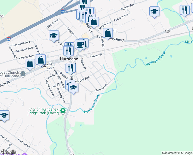 map of restaurants, bars, coffee shops, grocery stores, and more near 119 Melrose Drive in Hurricane