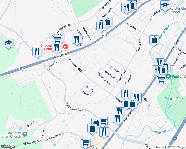 map of restaurants, bars, coffee shops, grocery stores, and more near 1743 Kingston Ct in Harrisonburg
